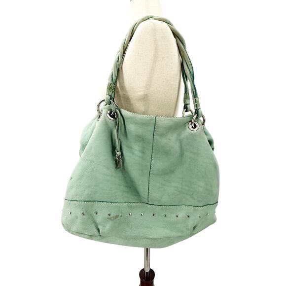 Fossil turquoise sea glass Leather Purse Handbag double handles silver hardware - Picture 1 of 12